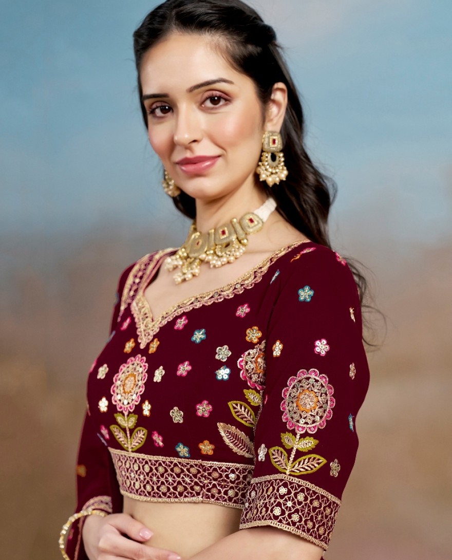 6008-Maroon - Stunning maroon Thread Work Georgette Engagement Wear Lehenga With Blouse